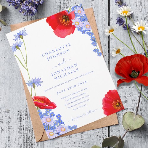 Modern Wildflower Blue Wedding Invitation