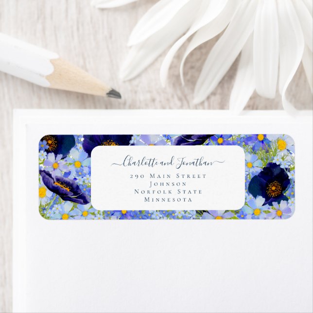 Modern Wildflower Blue Wedding Label (Insitu)