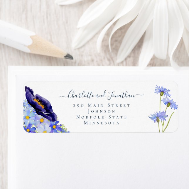 Modern Wildflower Blue Wedding Label (Insitu)