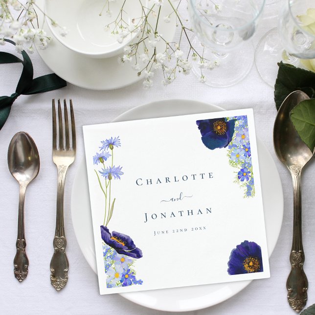 Modern Wildflower Blue Wedding Napkins (Elegant blue wildflower watercolor wedding napkin with stylish typography bride and groom names)