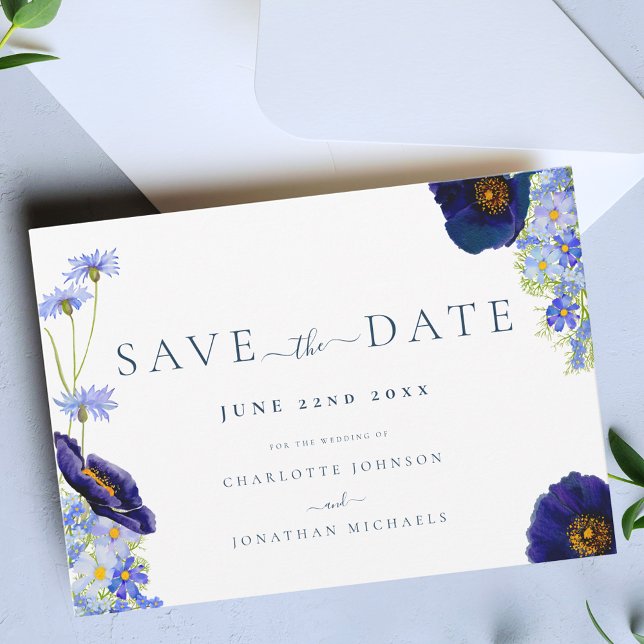 Modern Wildflower Blue Wedding Save The Date (Elegant wildflower watercolor blue wedding save the date invitation boho Garden meadow flowers)