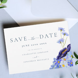 Modern Wildflower Blue Wedding Save The Date