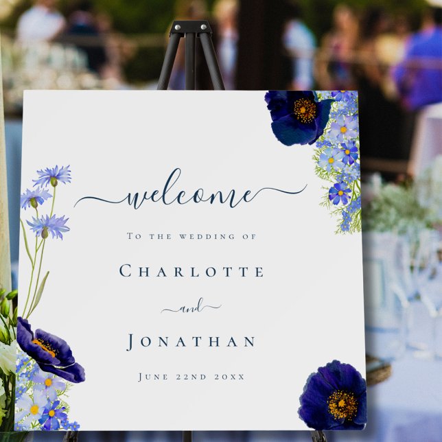 Modern Wildflower Blue Wedding Welcome Foam Board (Elegant wildflower blue summer floral with stylish typography bride & groom wedding welcome board)
