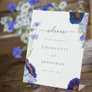 Modern Wildflower Blue Wedding Welcome Pedestal Sign