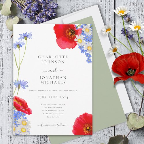Modern Wildflower Boho Sage Green Wedding Invitation