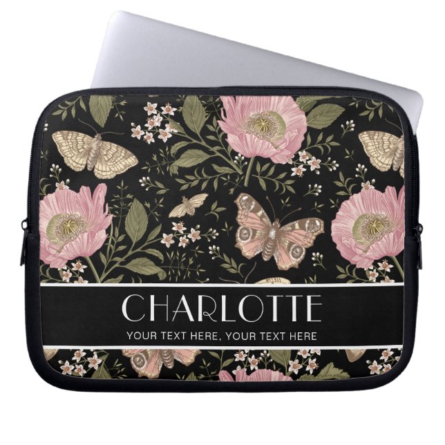 Modern Wildflower Botanical Black Floral Monogram Laptop Sleeve (Front)