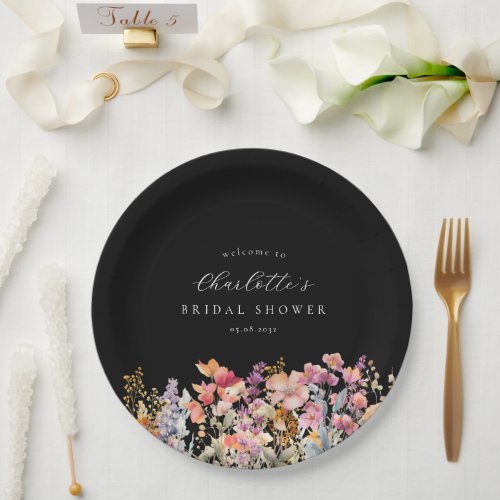 Modern, wildflower Bridal Shower Black Paper Plates
