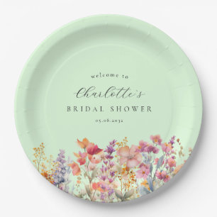 Modern, wildflower Bridal Shower Green Paper Plates