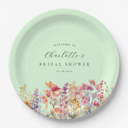 Modern, wildflower Bridal Shower Green Paper Plates