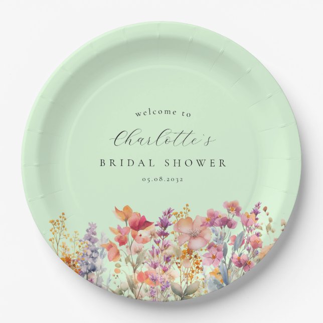 Modern, wildflower Bridal Shower Green Paper Plates (Front)