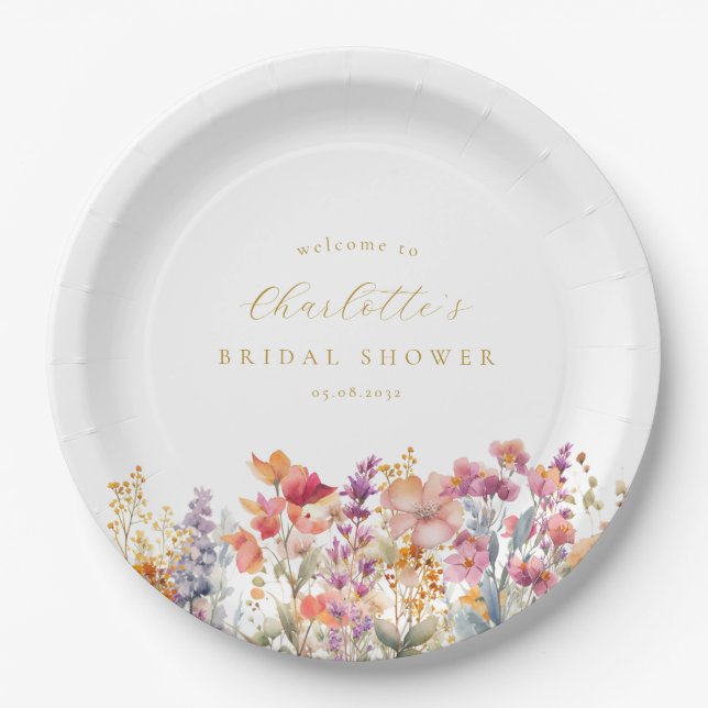 Modern, wildflower Bridal Shower Welcome Paper Plates (Front)