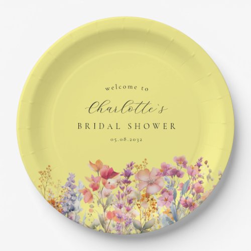Modern, wildflower Bridal Shower Yellow Paper Plates