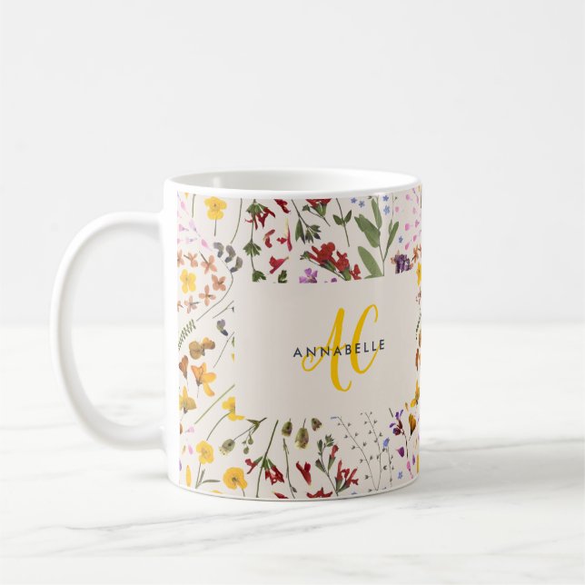Modern wildflower colorful monogram floral coffee mug (Left)