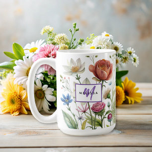 Modern wildflower colorful monogram floral  coffee mug