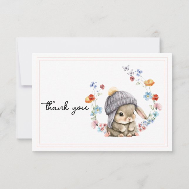 Modern Wildflower Cute Bunny First Birthday  Thank You Card (Front)