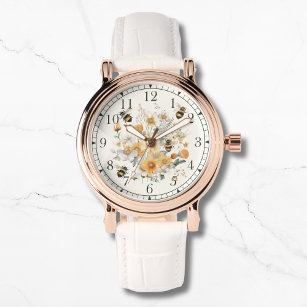 Modern Wildflower Floral Bee Stylish Chic Womans Watch