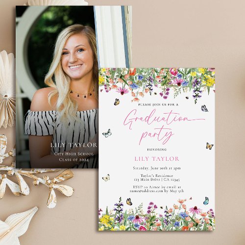 Modern Wildflower Floral Photo Graduation Party 