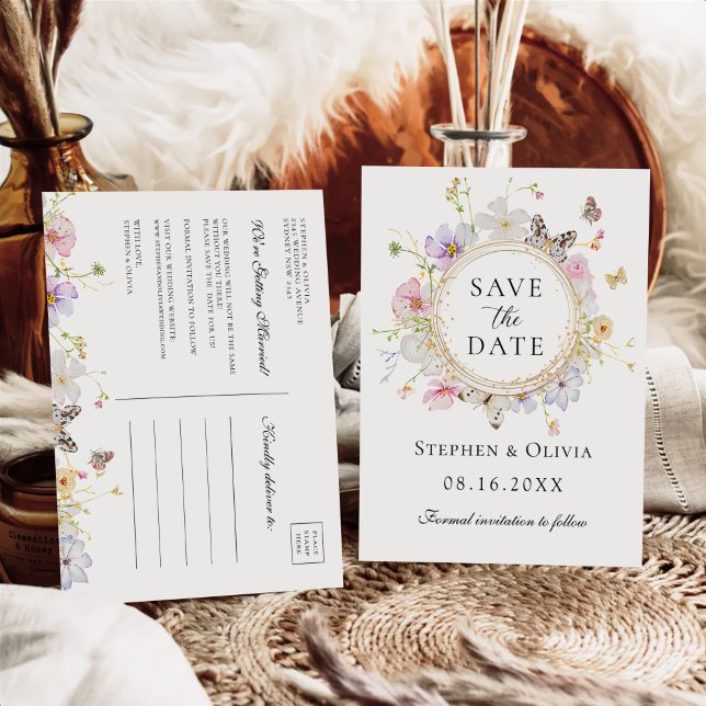 Modern Wildflower Floral Wreath Save the Date Announcement Postcard (Creator Uploaded)