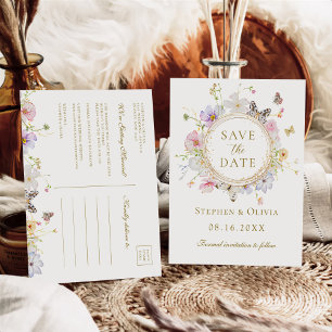 Modern Wildflower Floral Wreath Save the Date Announcement Postcard