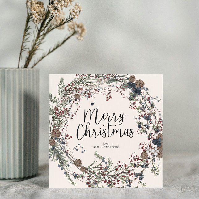 Modern Wildflower Foliage Wreath Script Christmas Holiday Card (Creator Uploaded)