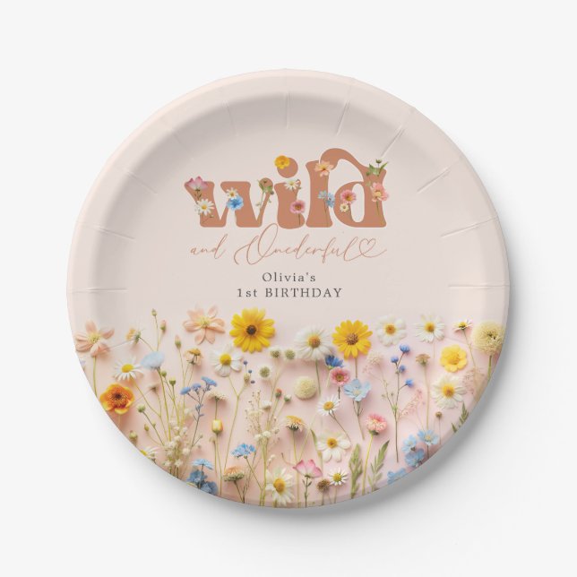 Modern Wildflower Girl 1st Birthday Paper Plates (Front)
