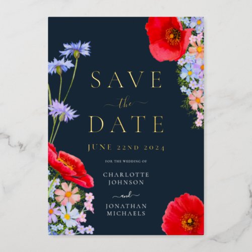 Modern Wildflower Gold Blue Wedding Foil Invitation