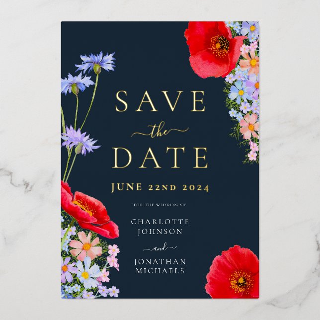 Modern Wildflower Gold Blue Wedding Foil Invitation (Front)