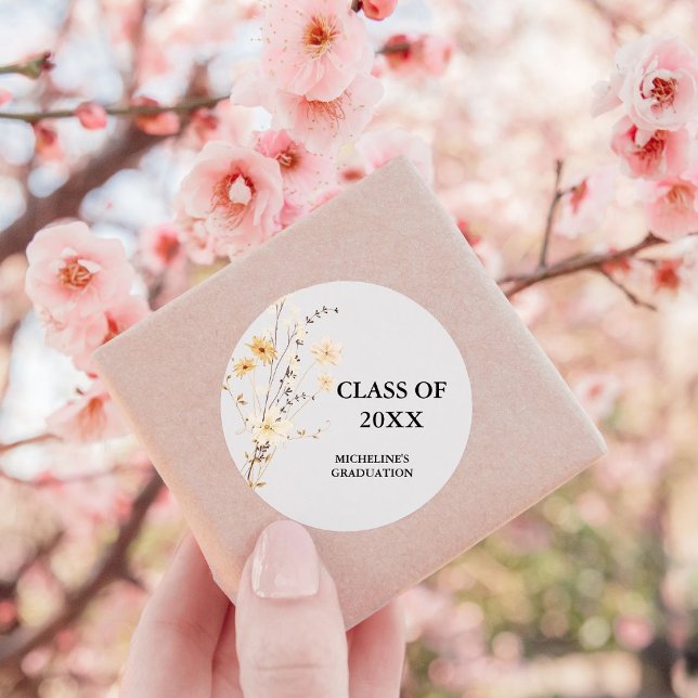 Modern Wildflower Graduation Party  Classic Round Sticker (Creator Uploaded)