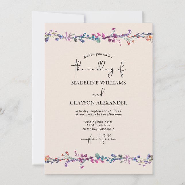 Modern Wildflower Hand-lettered Script Wedding  Invitation (Front)