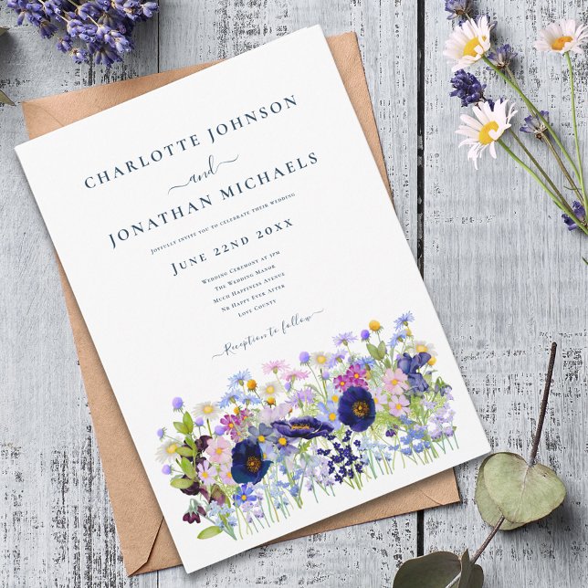 Modern Wildflower Meadow Invitation (Modern colorful wildflower meadow wedding invitation boho watercolor floral blue pink purple )