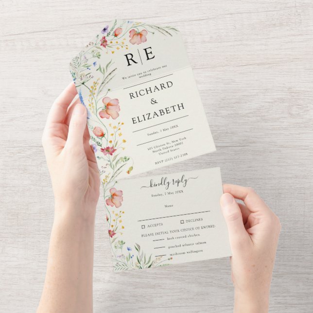 Modern Wildflower Minimal Elegant Wedding All In One Invitation (Tearaway)