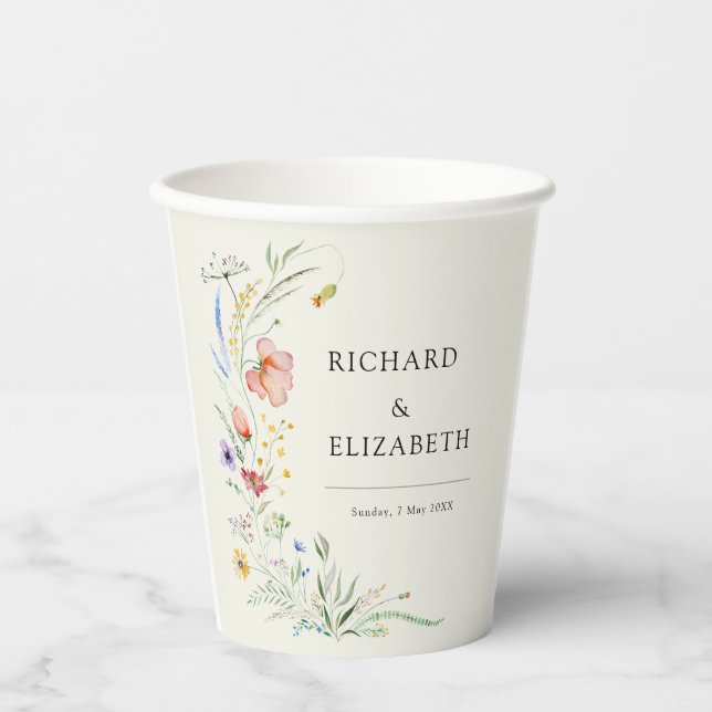 Modern Wildflower Minimal Elegant Wedding Paper Cups (Front)