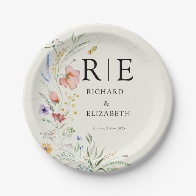 Modern Wildflower Minimal Elegant Wedding Paper Plates (Front)
