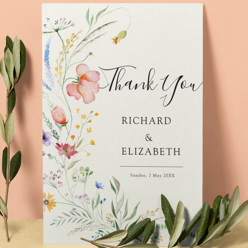Modern Wildflower Minimal Elegant Wedding Thank You Card