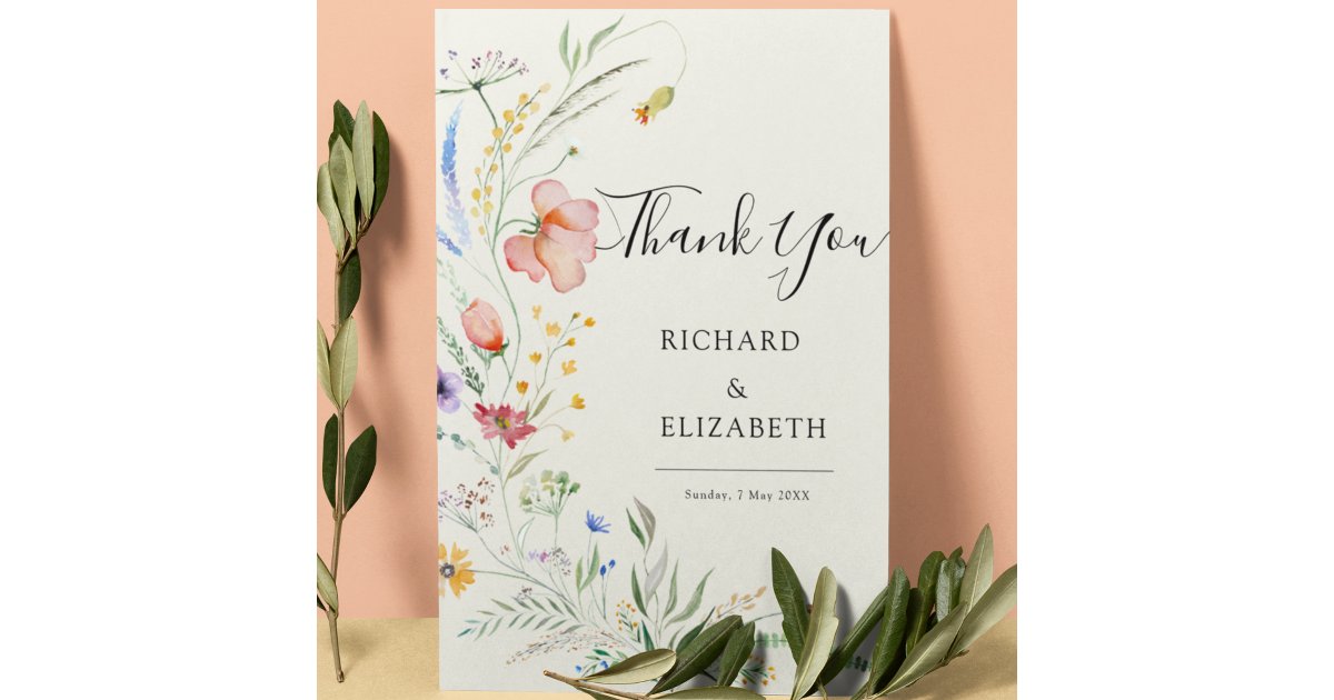 Modern Wildflower Minimal Elegant Wedding Thank You Card | Zazzle