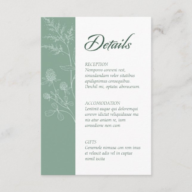 Modern Wildflower Minimal Sage Green Wedding Enclosure Card (Front)