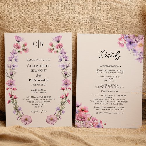 Modern Wildflower Monogram All In One Wedding Invitation