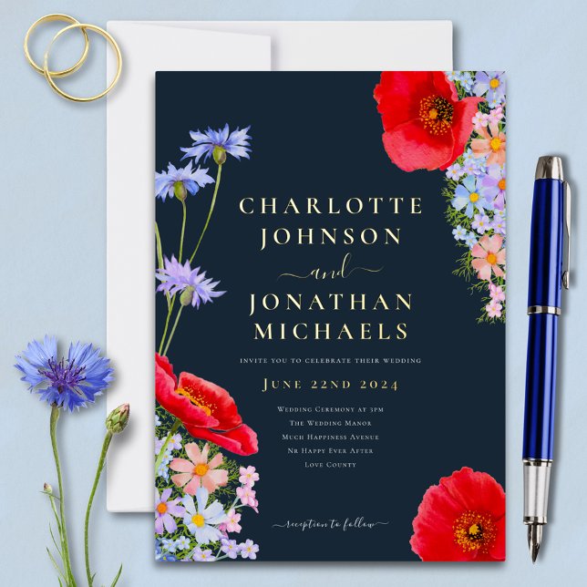 Modern Wildflower Navy Blue Gold Foil Invitation (Modern colorful wildflower navy blue and gold foil wedding invitation with red poppy)