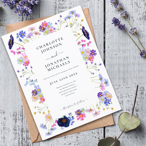 Modern Wildflower Navy Blue Wedding Invitation Postcard
