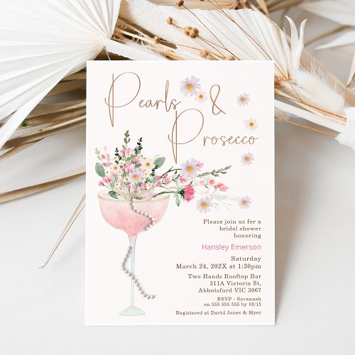 Modern Wildflower Pearl and Prosecco Bridal Shower Invitation