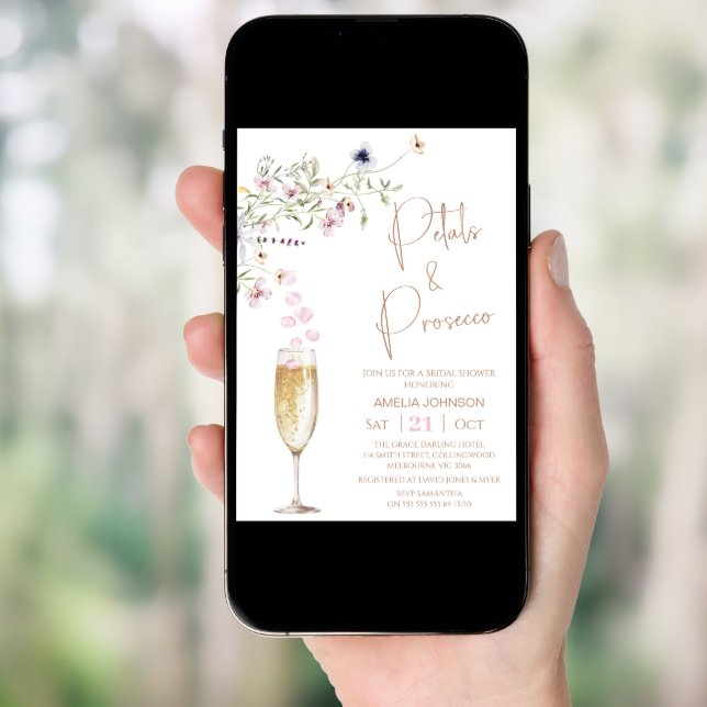 Modern Wildflower Petal and Prosecco Bridal Shower Invitation (Front Digital)