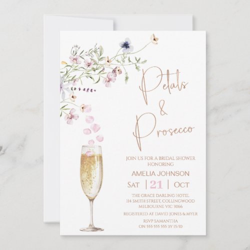 Modern Wildflower Petal and Prosecco Bridal Shower Invitation