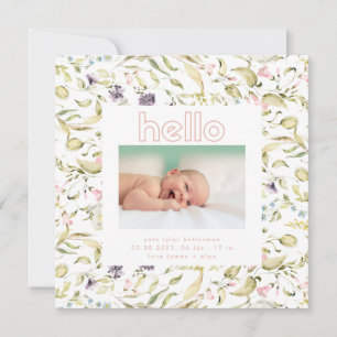 modern wildflower pink girl hello baby birth announcement