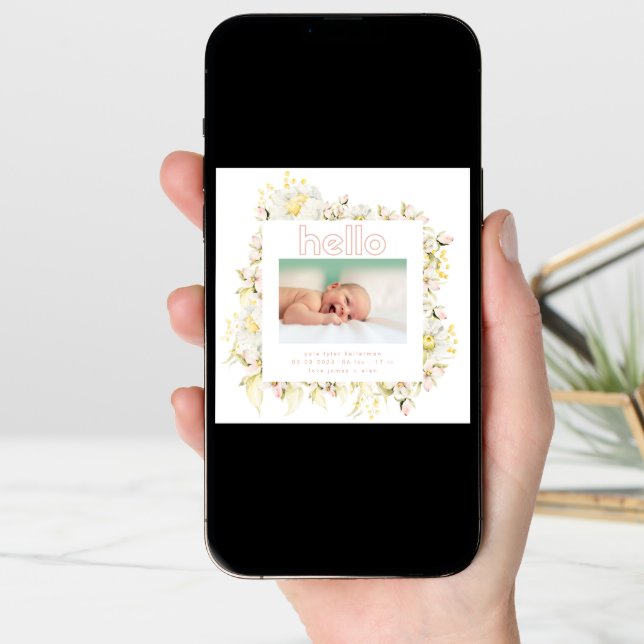 modern wildflower pink girl hello baby birth announcement (Front Digital)