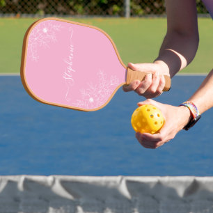 Modern Wildflower Pink Script Name Elegant Floral  Carbon Fiber Pickleball Paddle