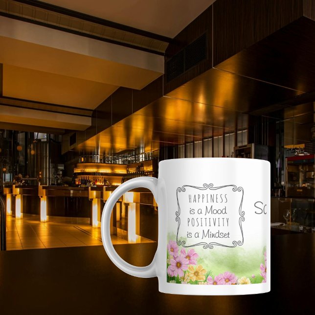 Modern Wildflower Positive Affirmation Custom Name Two-Tone Coffee Mug (Wildflower Positive Affirmation Custom Name Coffee Mug Happiness is a Mood Positivity is a Mindset)
