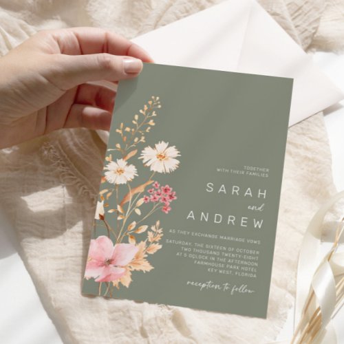 Modern Wildflower  Sage Green Garden Wedding Invitation