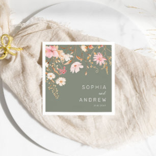 Modern Wildflower Sage Green Garden Wedding Napkins