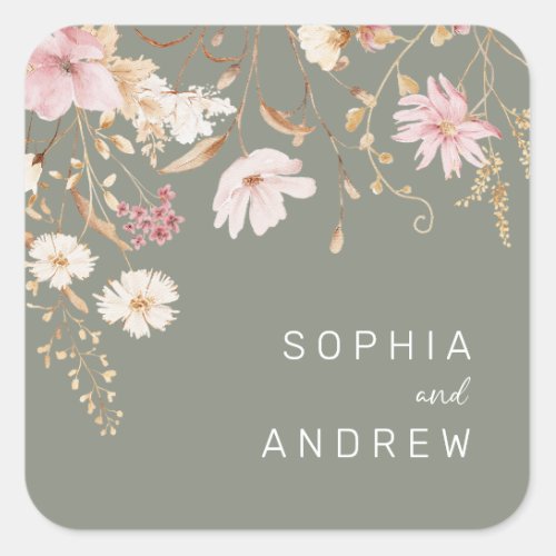 Modern Wildflower  Sage Green Garden Wedding Square Sticker