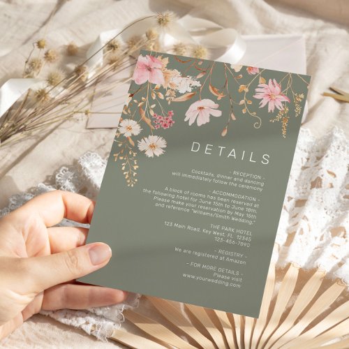 Modern Wildflower  Sage Green Wedding Details Enclosure Card